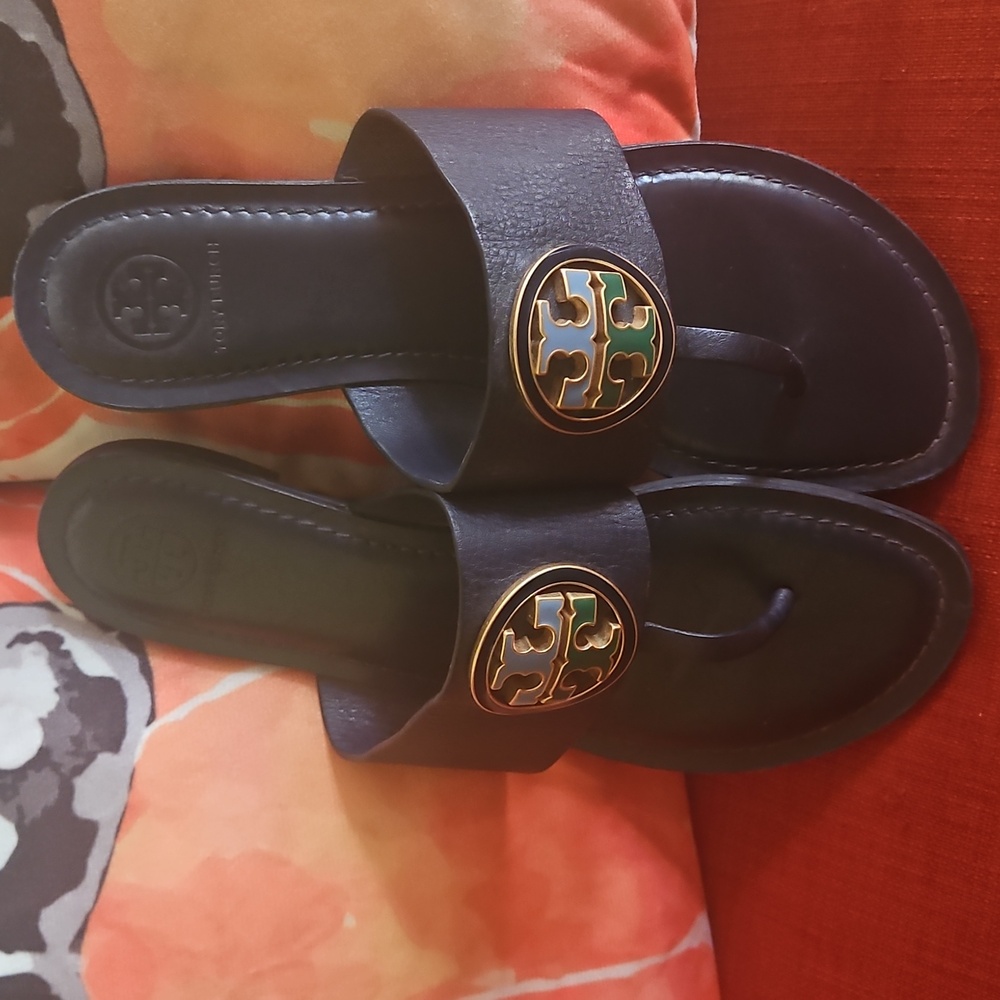 Tory Burch Blue Navy Sandals with Gold Emblem